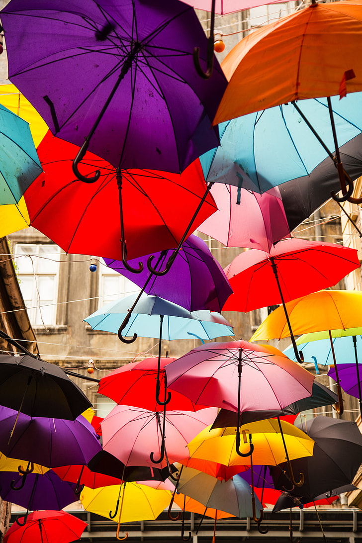 purple, red, yellow, and grey umbrellas