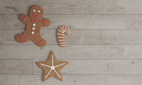 gingerbread, cane, and star cookies on floor