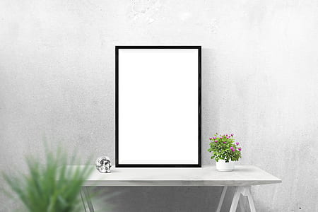 plain white canvas with black frame on table beside pink flowers