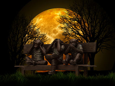 three wise monkeys sitting on brown bench