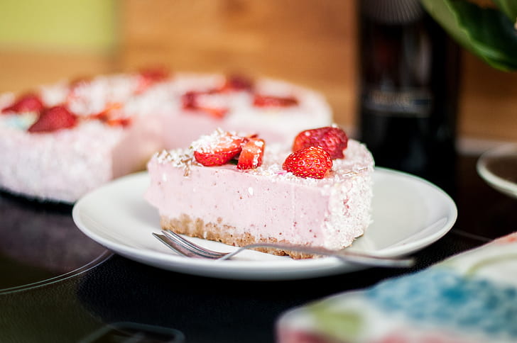 slice of strawberry cake on white dish