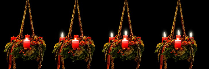 four green-and-red candle holders