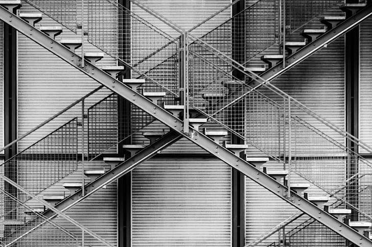 grayscale photography of staircase