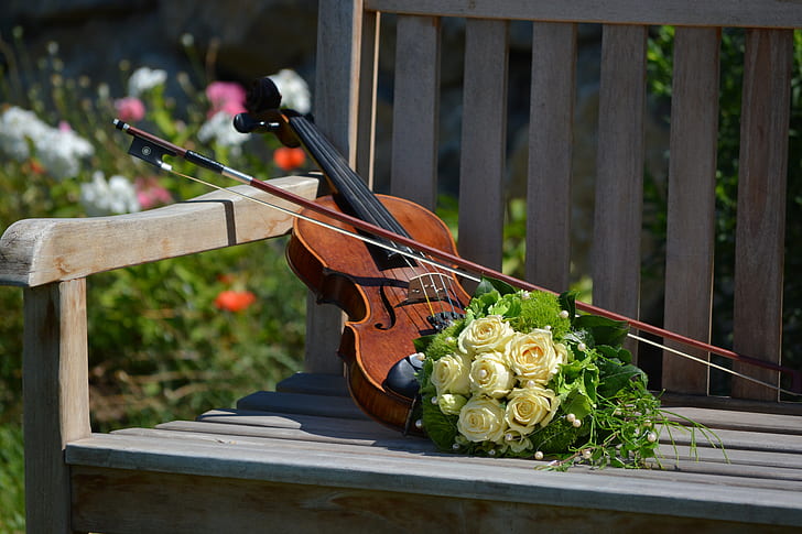 brown violin and yellow rose bouquet