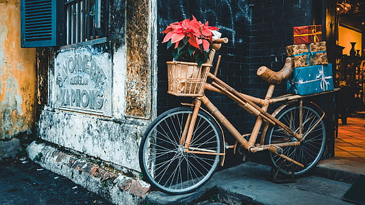 brown city bike parked beside black bricked building doorway