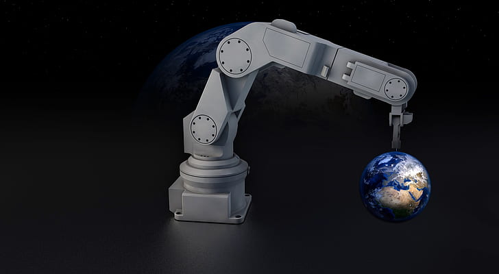 white robotic arm holding earth lamp