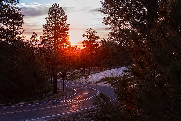 time lapse photography of blind curve road under sunrise