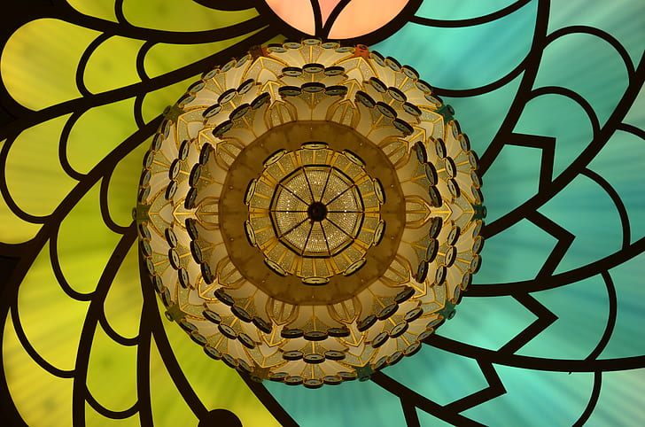 green, yellow, and brown floral stained glass wallpaper