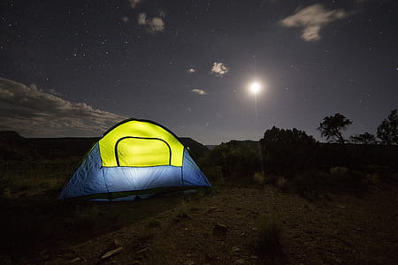 blue and green dome tent under clear night sky