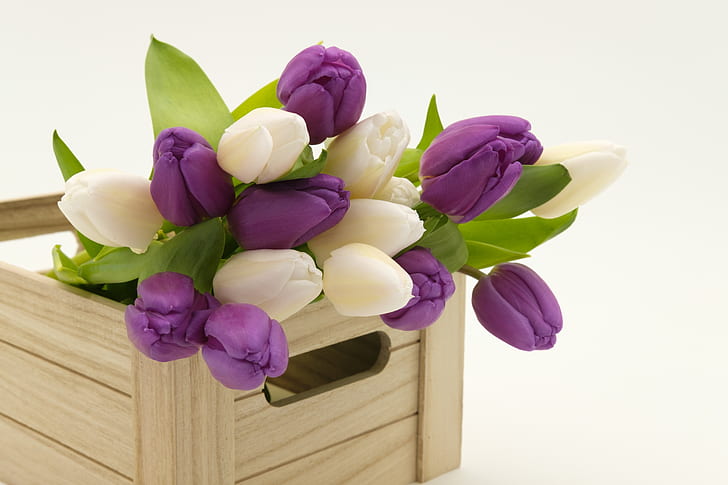 white and purple petaled flowers on brown wooden crate