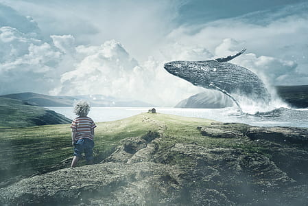 boy standing near sea with blue whale