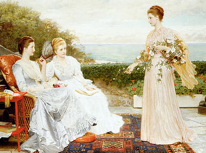 painting of three woman in white long-sleeved dresses