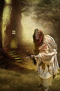 hunchback woman holding bird surrounded by trees