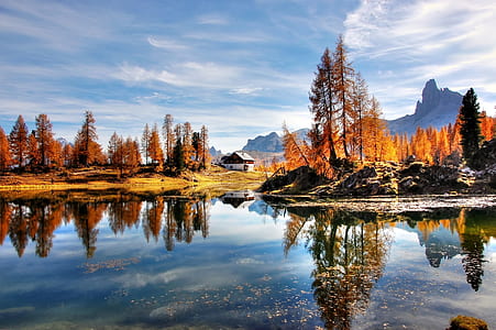 landscape photography of lake casting reflection of brown rocks, brown leaf trees, and white house