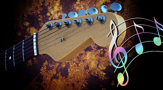 brown wooden guitar headstock with musical note digital wallpaper