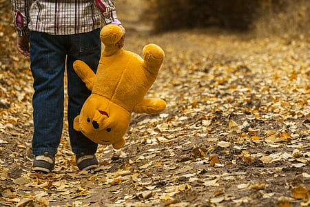 boy holding yellow bear plush toy