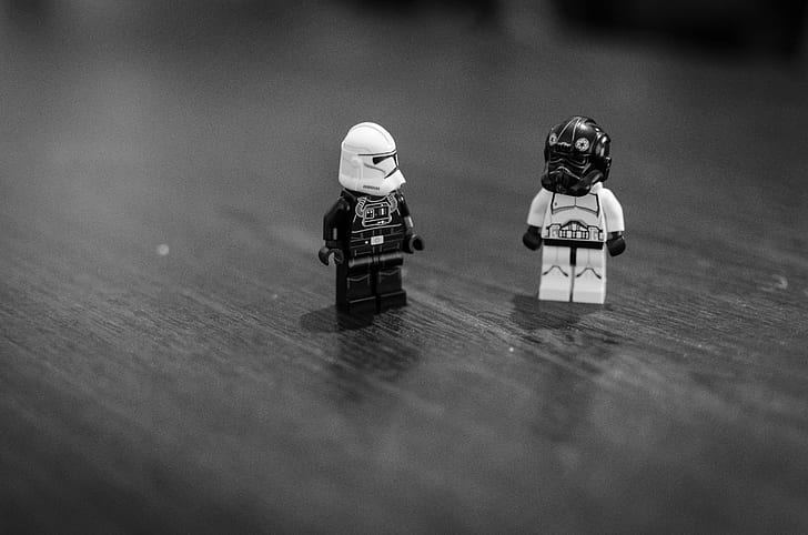 greyscale photo of two LEGO Star Wars troopers mini figurines