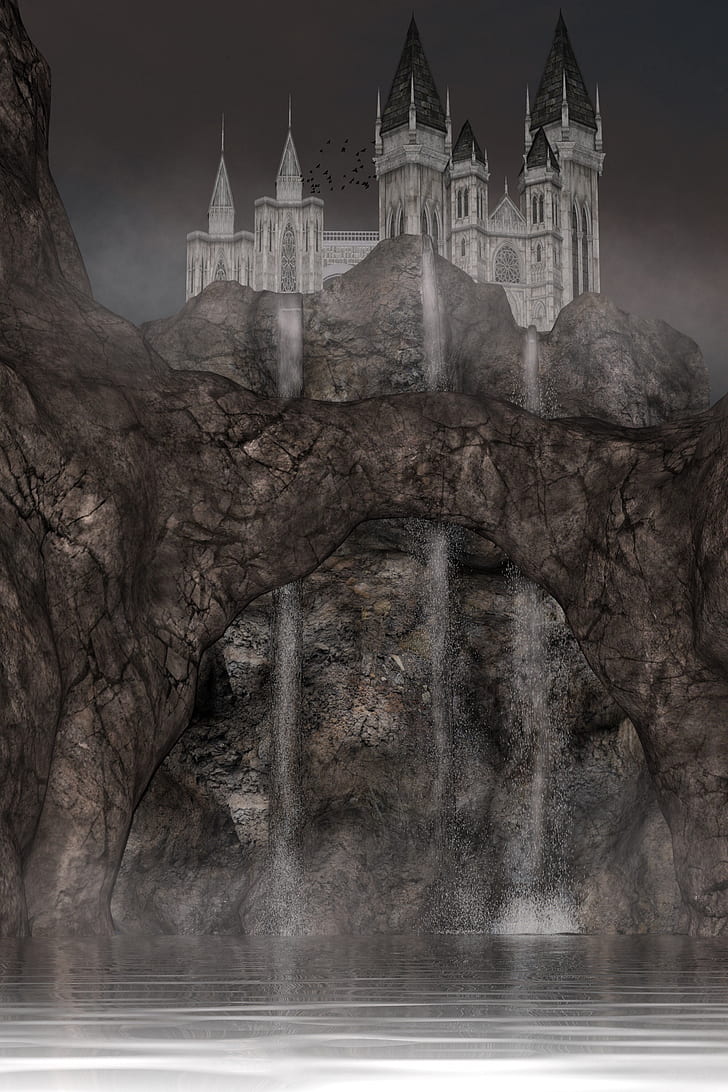 painting of castle beside waterfalls