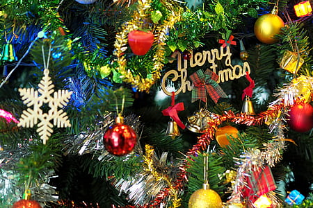 close-up photo of green Christmas tree with hanging ornaments
