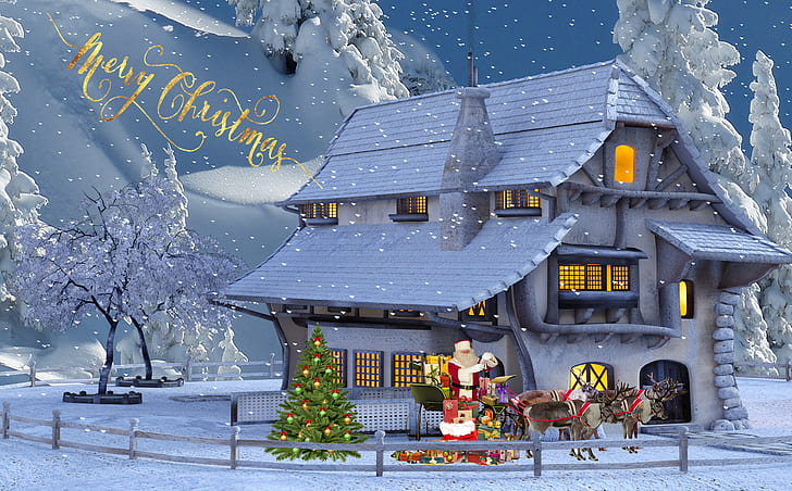 snow covered house with Santa Claus outdoor