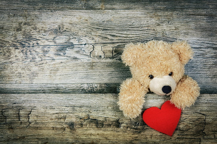 brown teddy bear plush toy holding red heart