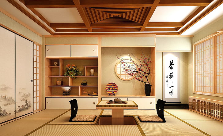 white and brown wooden chabudai table inside room