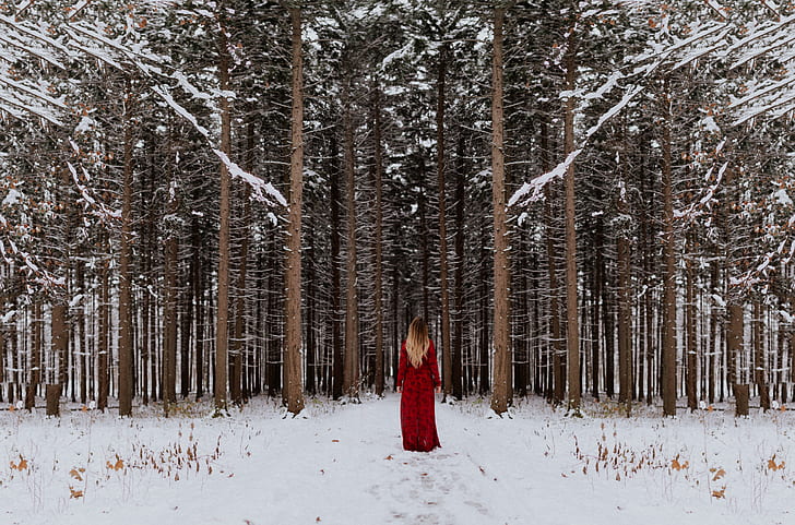 woman in red long dress stands in snow covered field in front of trees