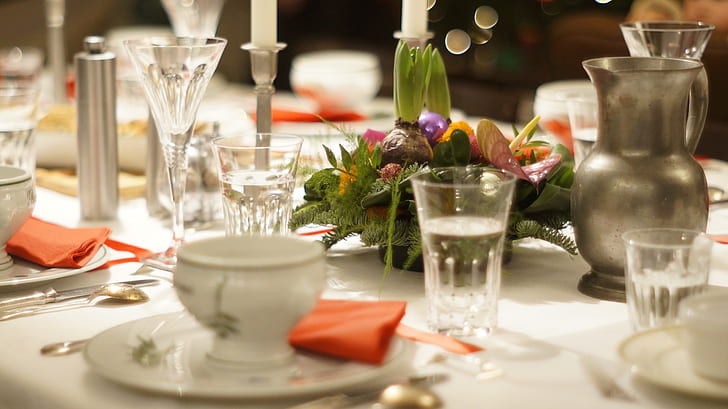 closeup of formal dinner table setting