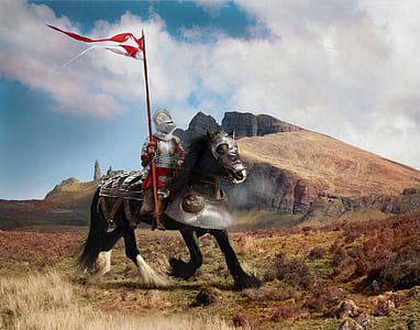knight holding flag riding horse during daytime