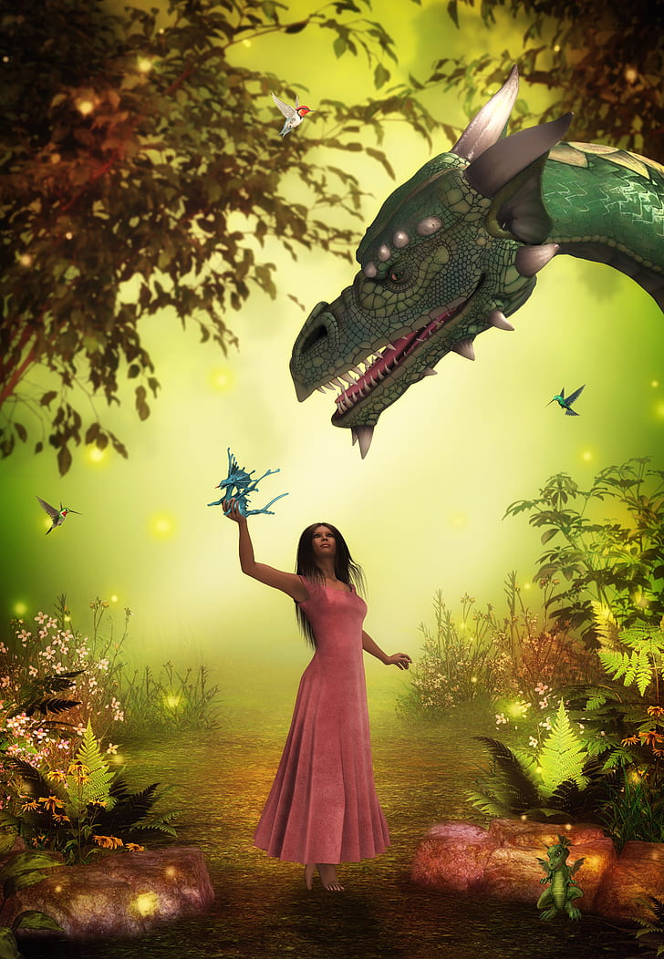 woman and dragon at the forest illustration