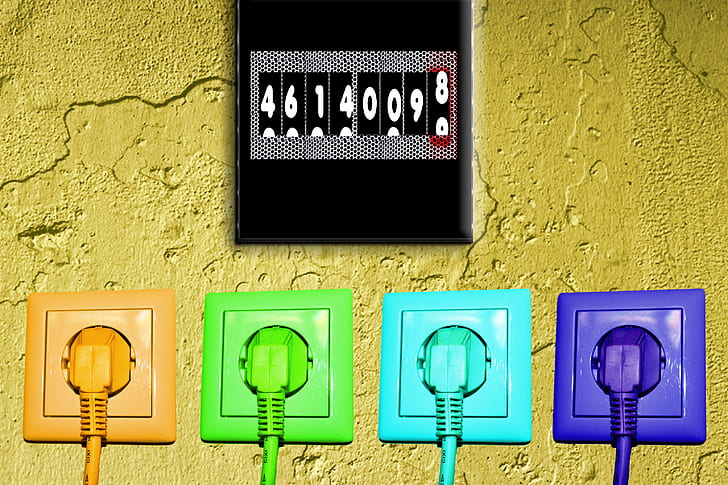 four assorted-color power plugs