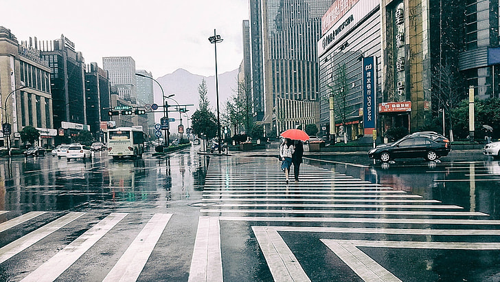 male and female walk on pedestrian holding umbrella
