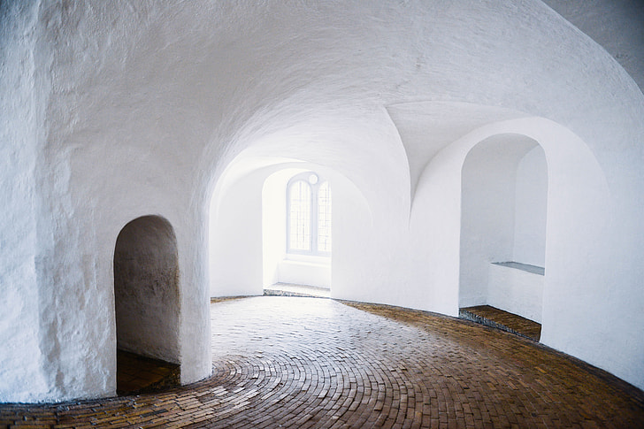 Interior shot of a white building in Copenhagen, Denmark