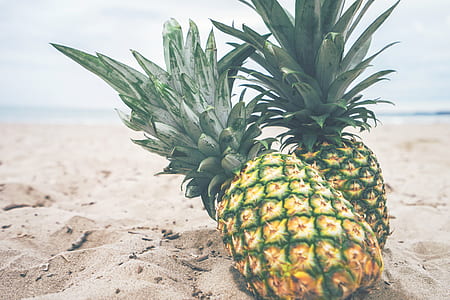 two green-and-yellow pineapple on seashore