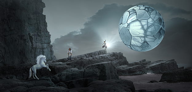 two person standing on rocks with white sphere floating and white horse
