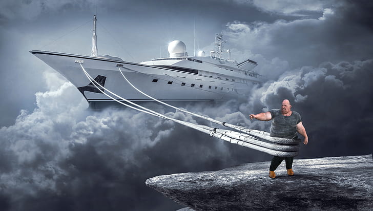 man in gray shirt dragging white cruise ship through clouds