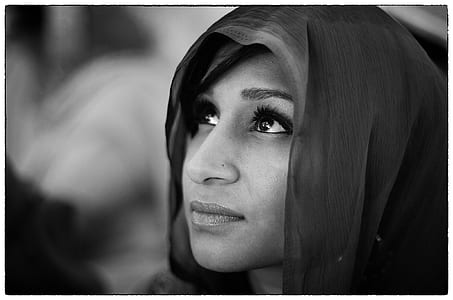 grayscale photography of woman in headscarf