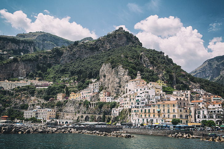 The seaside town of Amalfi sits on the Amalfi Coast in Italy