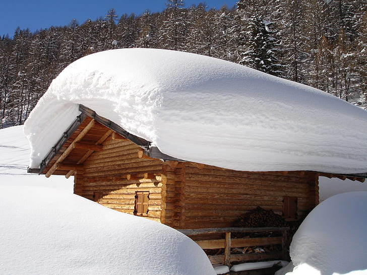 brown wooden shed covered white snow during daytime