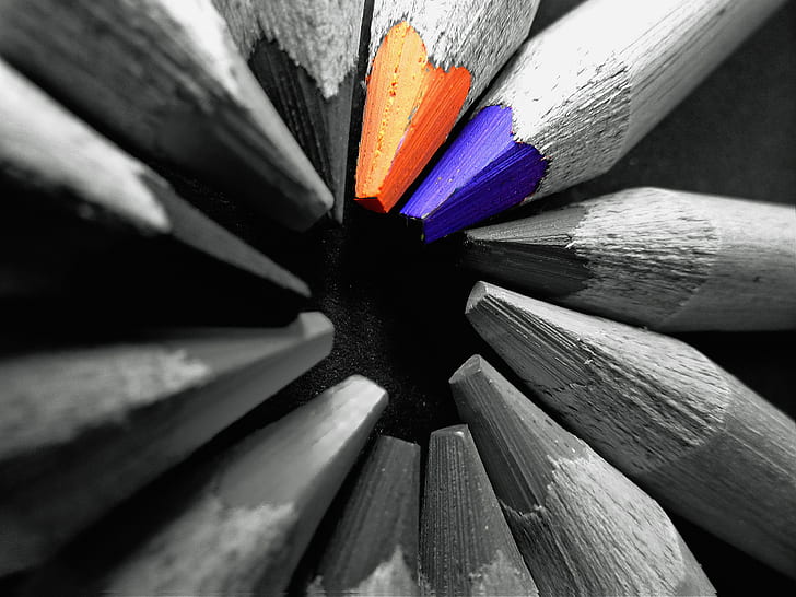 photo of gray, orange, and blue coloring pencils