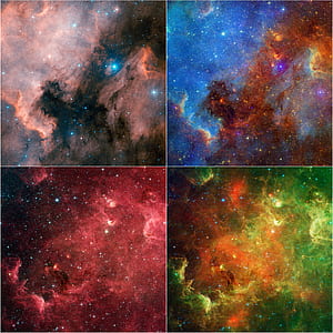 four assorted-color galaxy painting collage