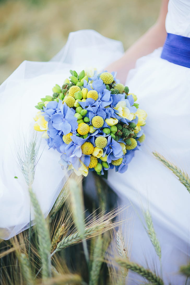 blue hydrangea flowers and green echeverias wedding bouquet
