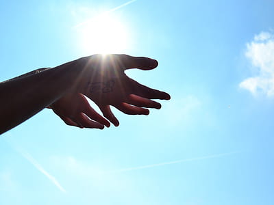selective photo of human hand under blue and white sky at daytime