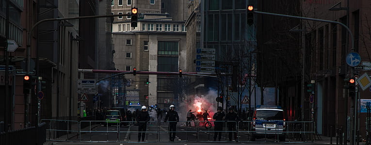 police, flare, urban, protest, building, city
