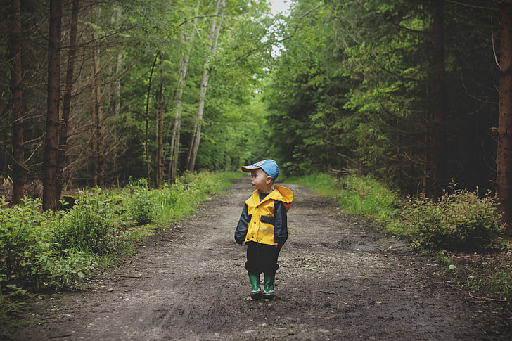 boy's yellow and black hooded jacket in the jungle