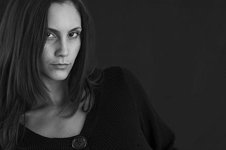 grayscale photo of woman wearing button-up top