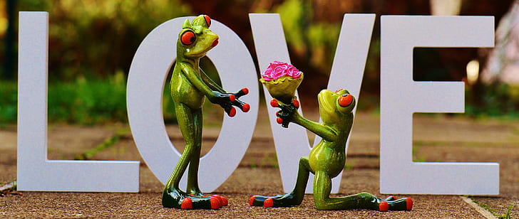 green frogs in front of Love free-standing letters decoration