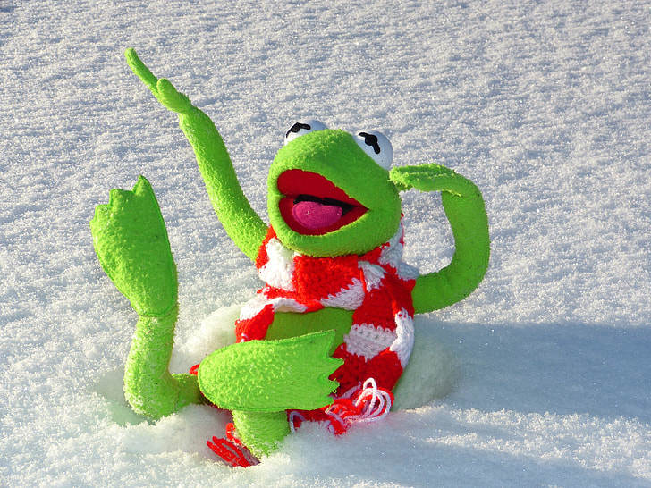 Kermit the Frog lying on snow