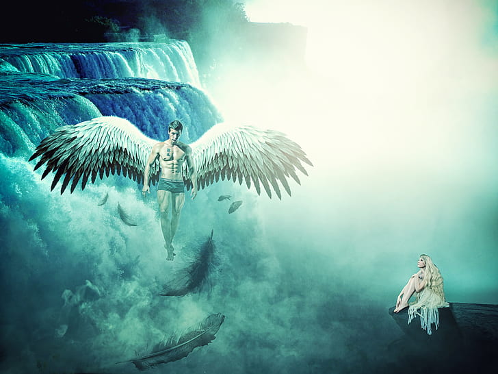 woman sitting on rock formation looking up at winged man flying above fogs beside waterfalls
