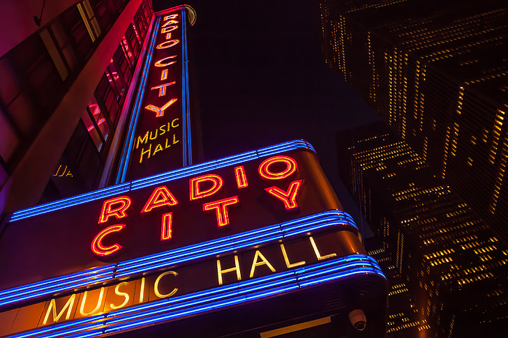 Wide-angle shot of the famous Radio City music hall in Manhattan, New York City